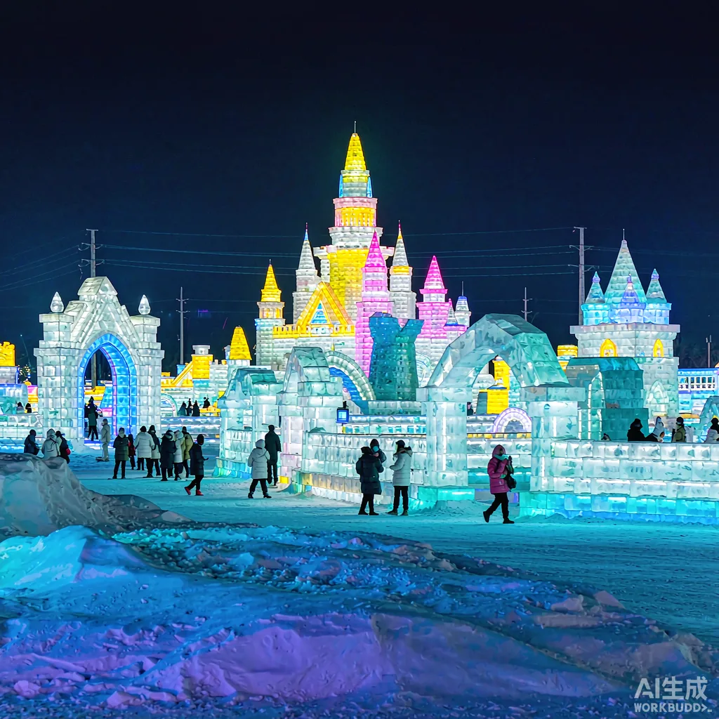哈尔滨冰雪大世界夜景，冰雕城堡被彩灯点亮
