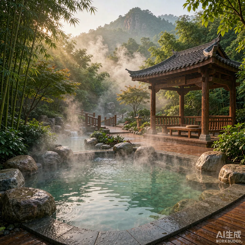 露天温泉，水汽氤氲山林环绕