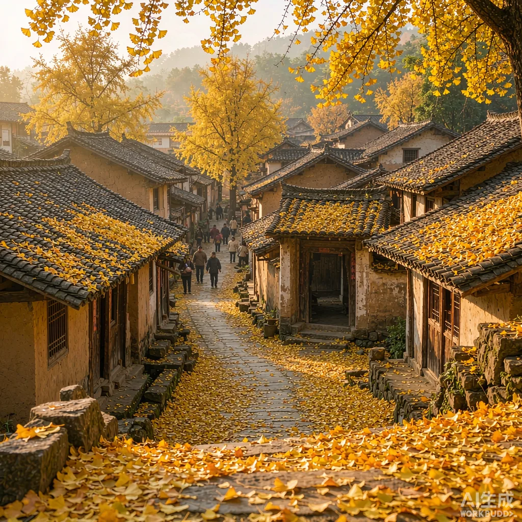 腾冲银杏村，金叶铺满村道与屋顶