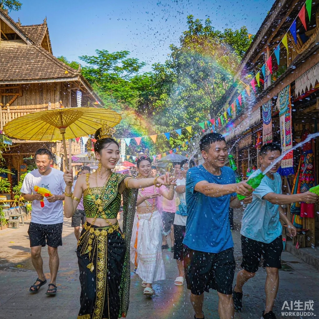西双版纳泼水节，人群泼水狂欢